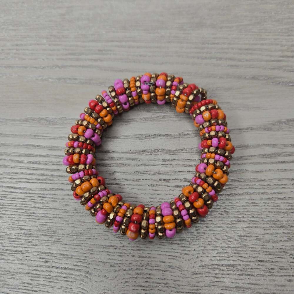 Bohemian Pink and Gold Tone Seed Bead  Stretch Bracelet